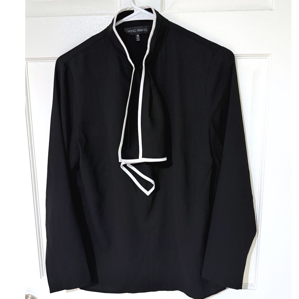 Ming Wang Black White Contrast Tie Neck Long Sleeve Blouse Top XS